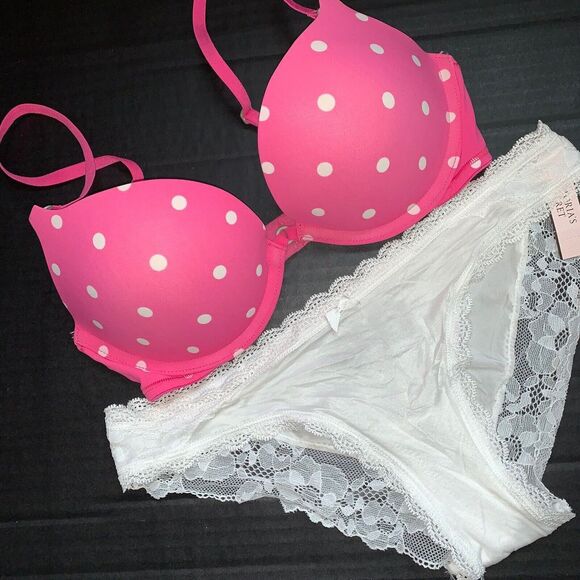 Gilly Hicks 32C BRA SET Victoria's Secret XS panty HOT PINK white lace Polka dot - Picture 2 of 6